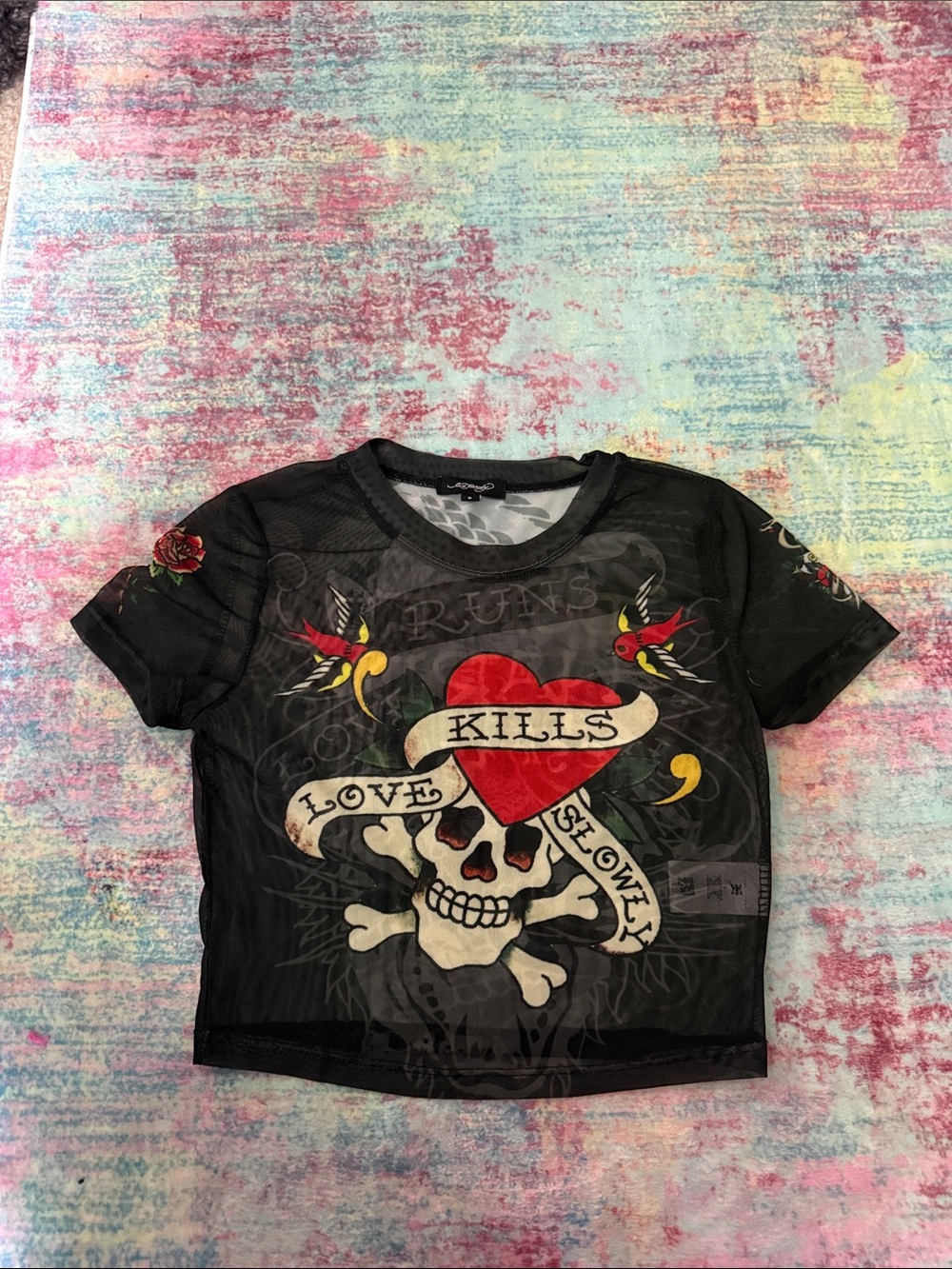 Ed Hardy Black Mesh Tee with Red Heart and Yellow Accents see through